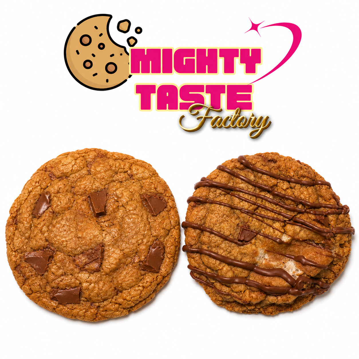 Mighty Taste Factory logo with a chocolate chunk cookie and a s'more drizzle cookie